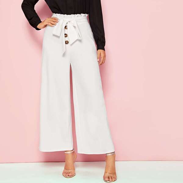 

Paperbag Waist Button Detail Palazzo Pants, White