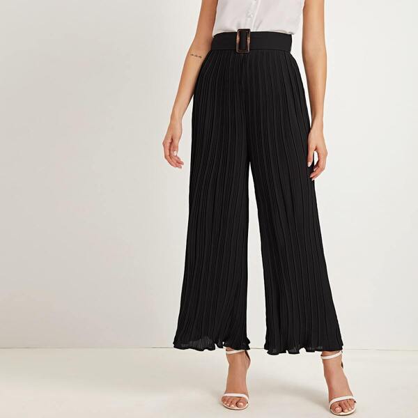 

Zipper Fly Plisse Palazzo Pants, Black