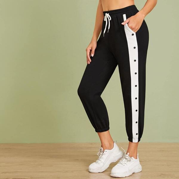 

Drawstring Waist Buttoned Striped Side Sweatpants, Black