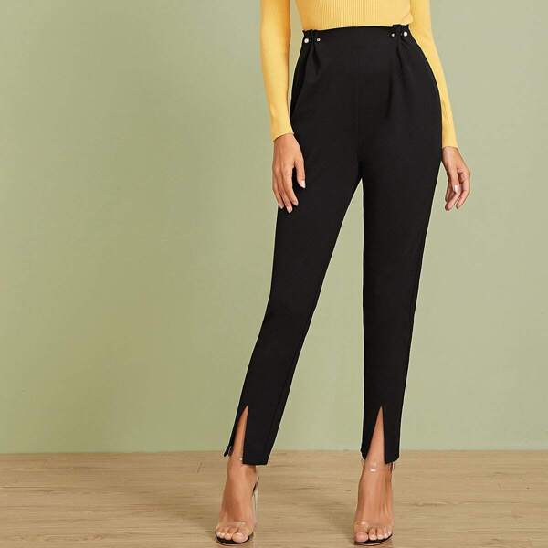 

Pearl Pin Detail Waist Split Hem Pants, Black