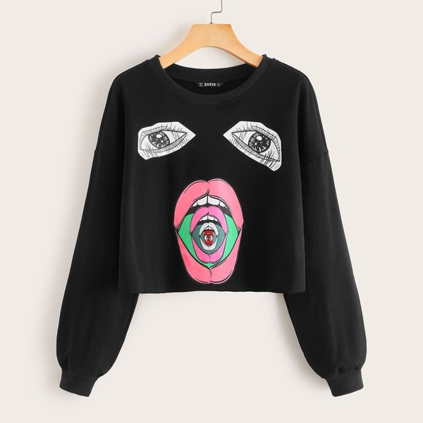 

Cartoon Graphic Drop Shoulder Pullover, Black
