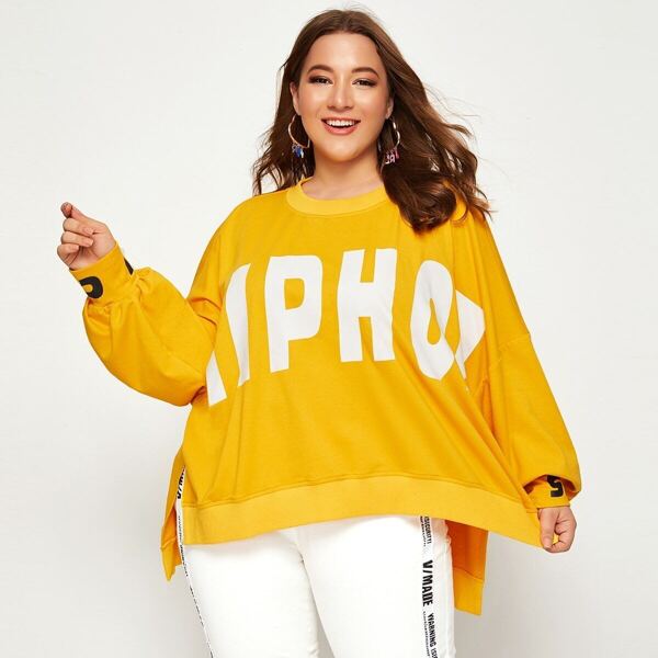 

Plus Drop Shoulder Split Side Letter Graphic Pullover, Yellow bright
