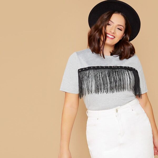 

Plus Beaded and Fringe Detail Heather Grey Tee