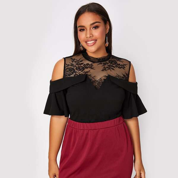 

Plus Cold Shoulder Lace Yoke Top, Black