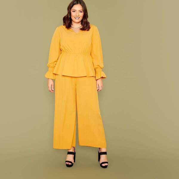 

Plus Shirred Panel Bell Sleeve Top and Palazzo Pants Set, Yellow bright