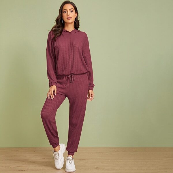 

Drop Shoulder Drawstring Hem Hoodie and Pants Set, Burgundy