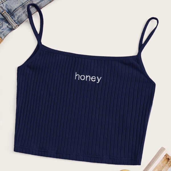 

Embroidered Letter Detail Rib-knit Cami Top