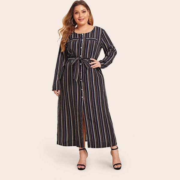 

Plus Multi-Stripe Button Through Belted Dress, Multicolor