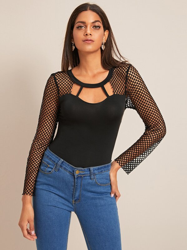 

Contrast Fishnet Sleeve Cut Out Tee, Black, Joana