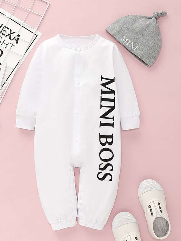 

Baby Boy Letter Graphic Popper Jumpsuit With Hat, White