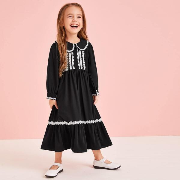 

Toddler Girls Lace Panel Ruffle Hem Peter Pan Dress, Black