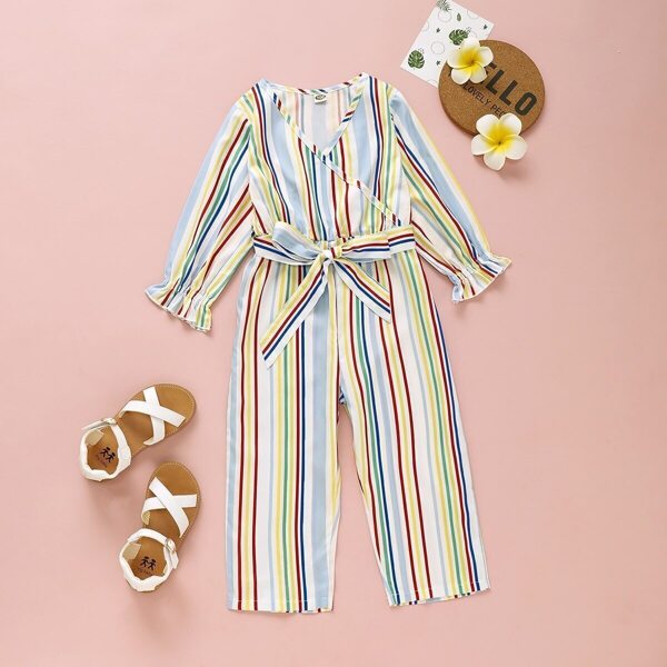 

Toddler Girls Rainbow Striped Self Tie Jumpsuit, Multicolor