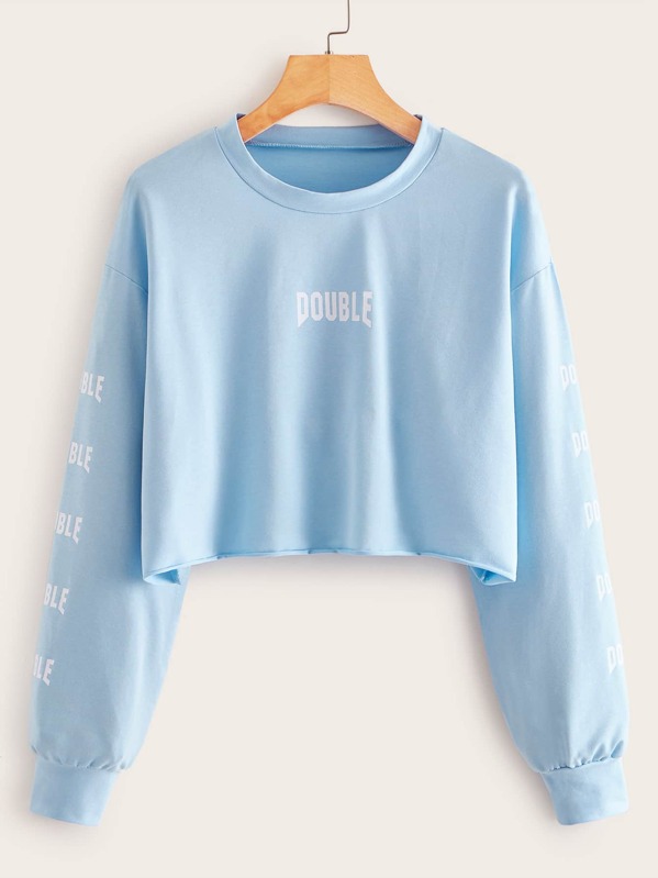 

Letter Graphic Drop Shoulder Crop Sweatshirt, Blue