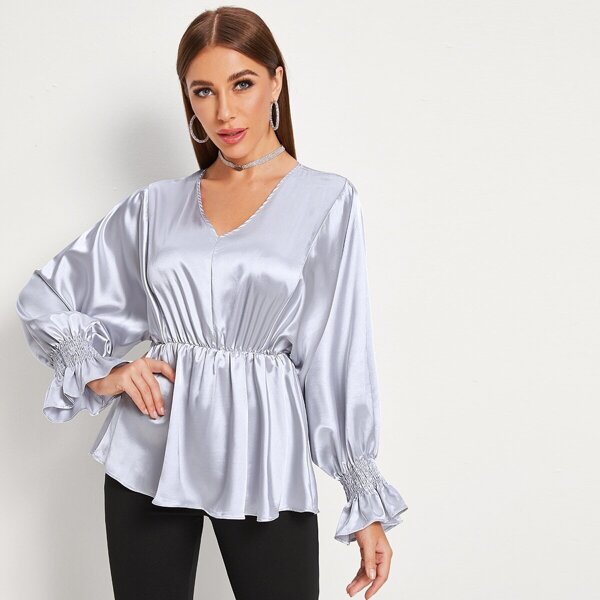 

Satin Shirred Flounce Sleeve Peplum Blouse, Grey