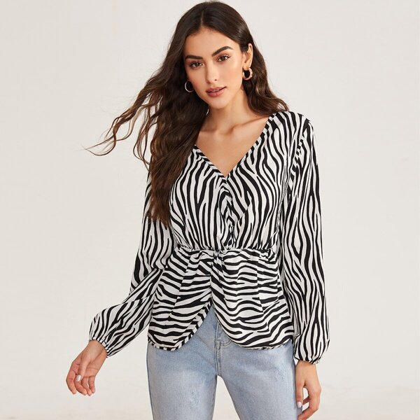 

Zebra-stripe Ruched Tulip Hem Blouse