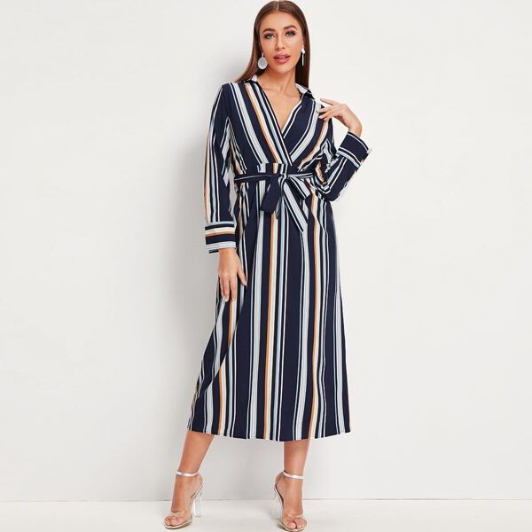

Vertical-striped Surplice Front Self Tie Shirt Dress, Multicolor
