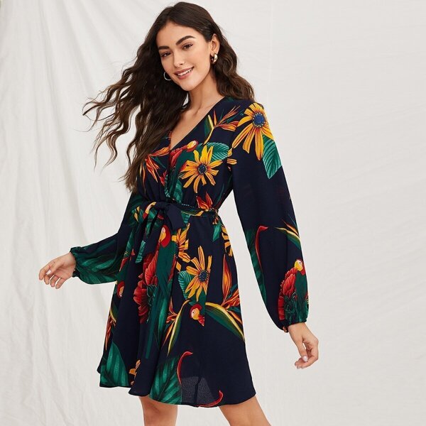 

Floral Surplice V-neck Belted Swing Dress, Navy