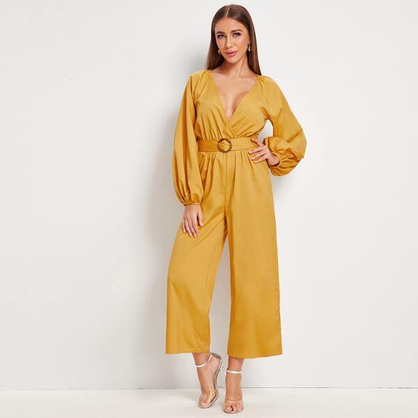 

Surplice Plunging Neck O-ring Belted Culotte Jumpsuit, Yellow