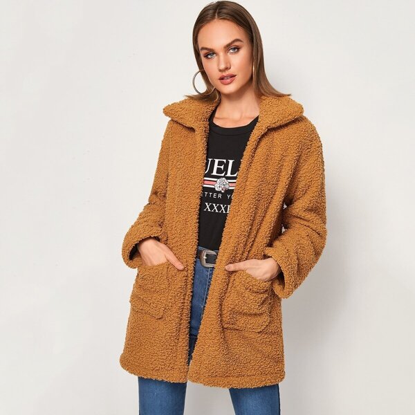 

Dual Pockets Collar Teddy Outerwear