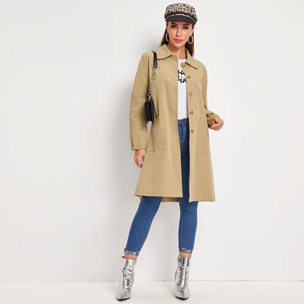 

Dual Pockets Single Breasted Trench Coat, Khaki
