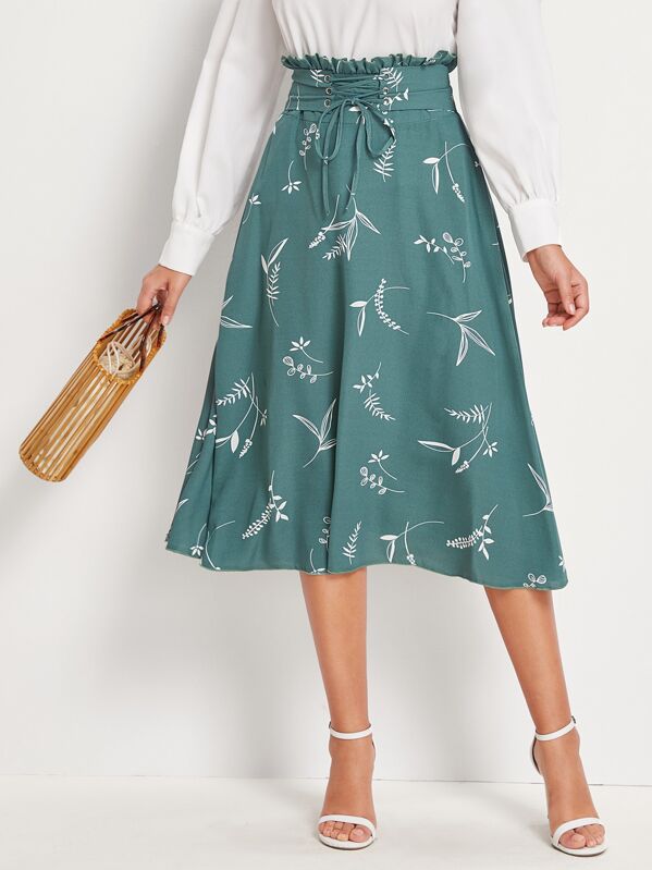 

Plants Print Corset Paperbag Midi Skirt, Green, Hanna