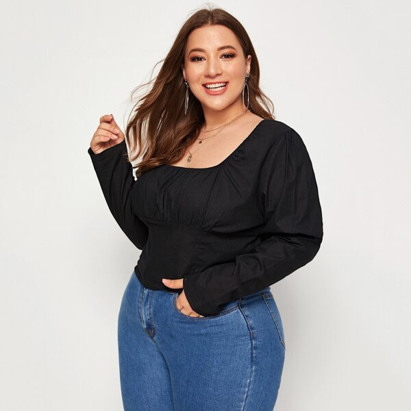 

Plus Leg-of-mutton Sleeve Square Neck Blouse, Black