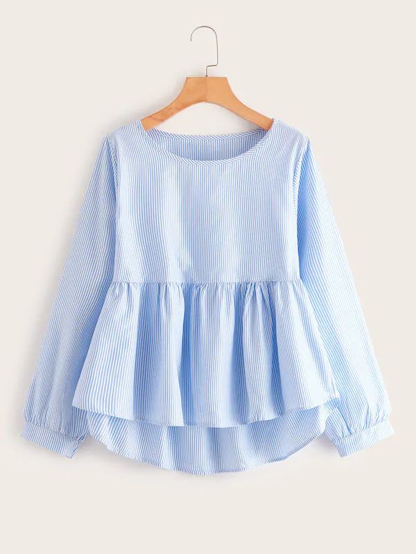 

Plus Vertical Striped Babydoll Blouse, Blue
