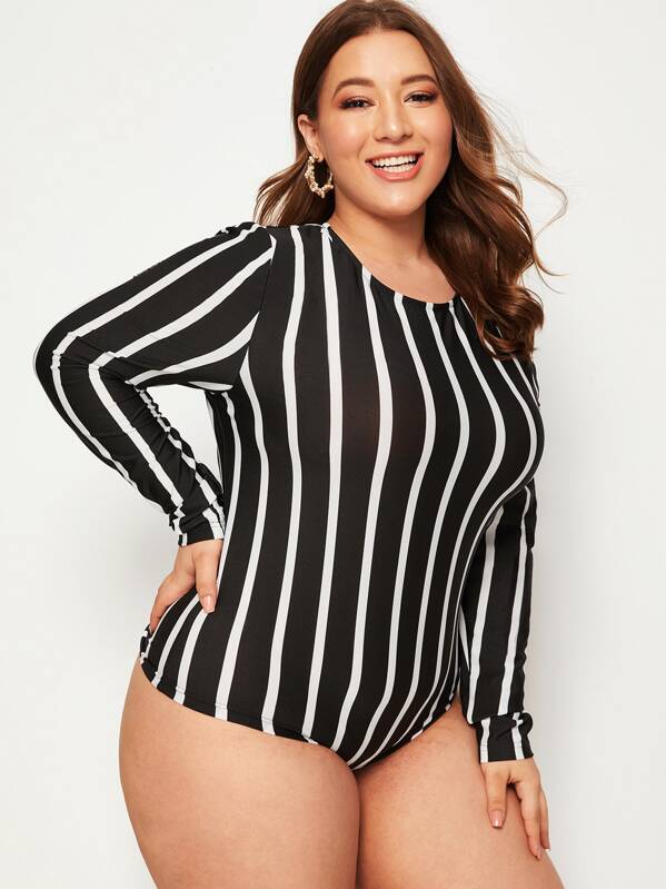

Plus Vertical Striped Fitted Bodysuit, Black, Ray