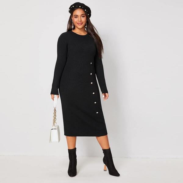 

Plus Ribbed Button Detail Sweater Dress, Black