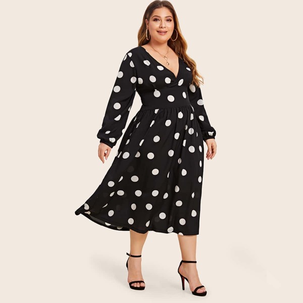 

Plus Polka Dot Surplice Front Dress, Black