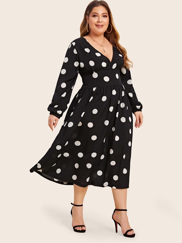 

Plus Polka Dot Surplice Front Dress, Black, Carol
