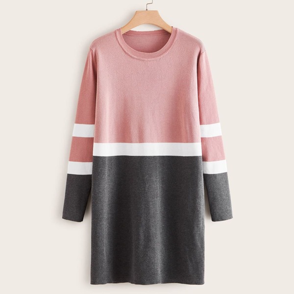

Plus Cut And Sew Round Neck Sweater Dress, Multicolor