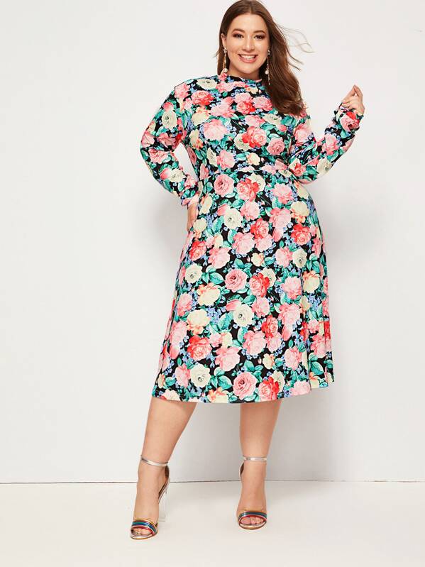

Plus Allover Floral Print Mock Neck Dress, Multicolor, Ray