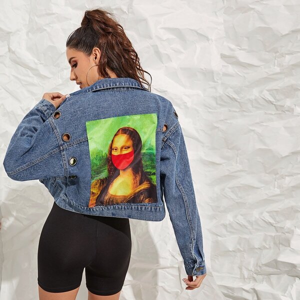 

Grommet Detail Cartoon Graphic Back Denim Jacket, Blue