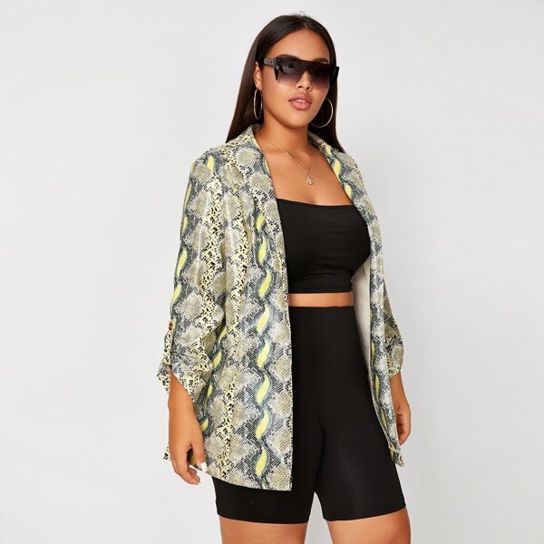 

Plus Snakeskin Print Shawl Collar PU Blazer, Multicolor