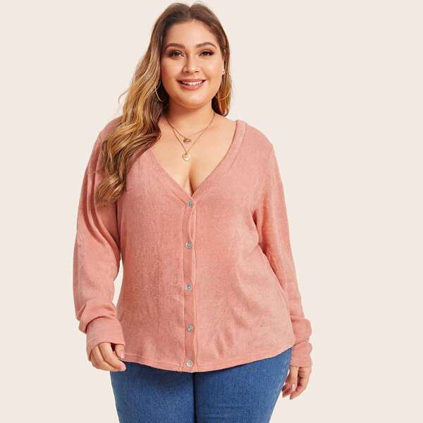 

Plus V Neck Single Breasted Cardigan, Pink