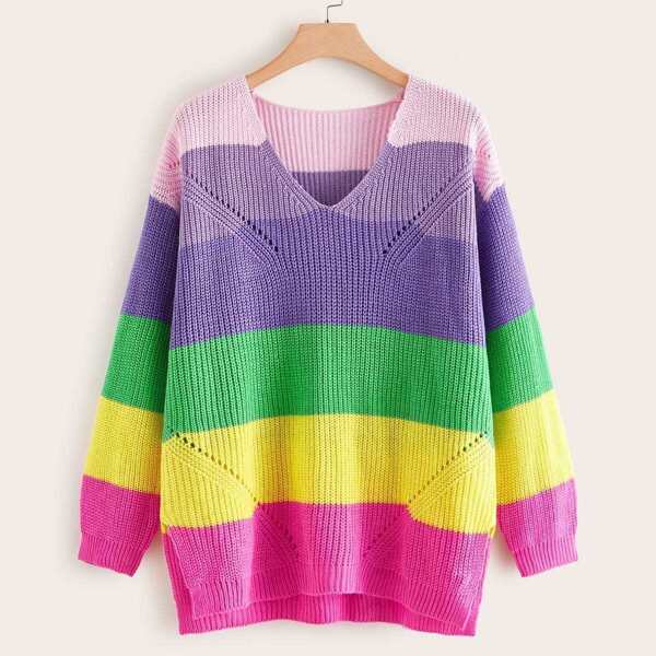 

Plus Rainbow Striped Hollow Out Sweater, Multicolor