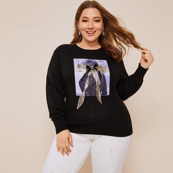 

Plus Figure Patched Bow Front Sweater, Black