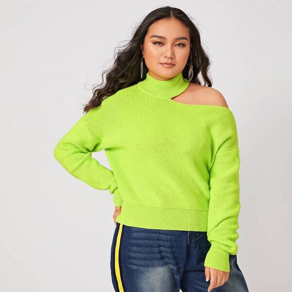 

Plus Neon Green Cold Shoulder Mock Neck Sweater, Green bright