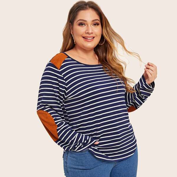 

Plus Contrast Suede Striped Curved Hem Tee, Navy