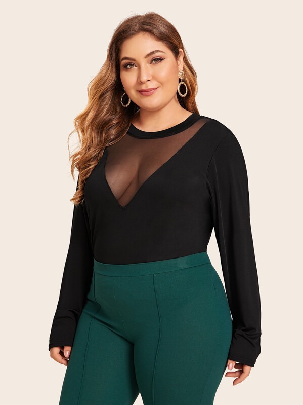 

Plus Mesh Insert Fitted Tee, Black, Carol