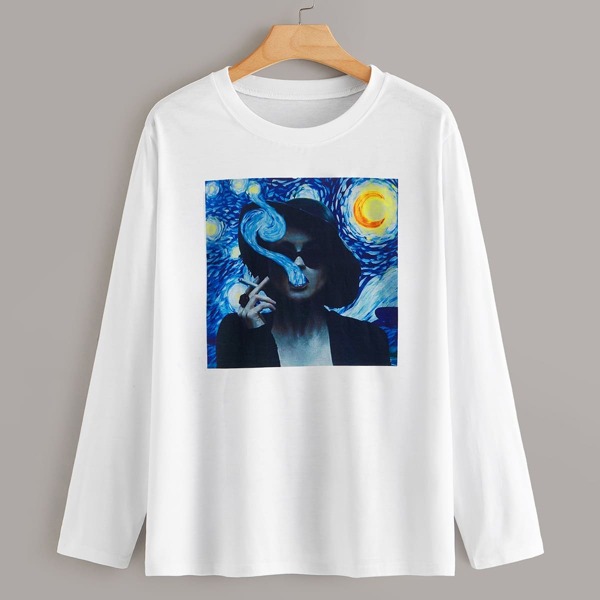 

Plus Oil Print Long Sleeve Tee, White