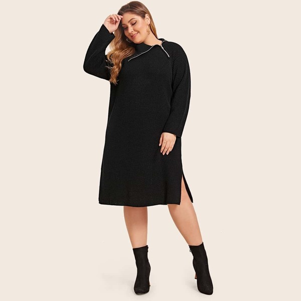 

Plus Slit Hem Raglan Sleeve Sweater Dress, Black
