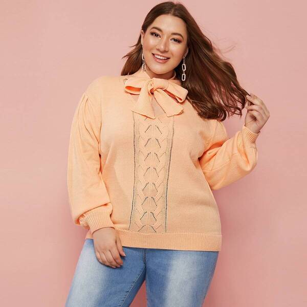 

Plus Tie Neck Mixed Knit Sweater, Orange pastel
