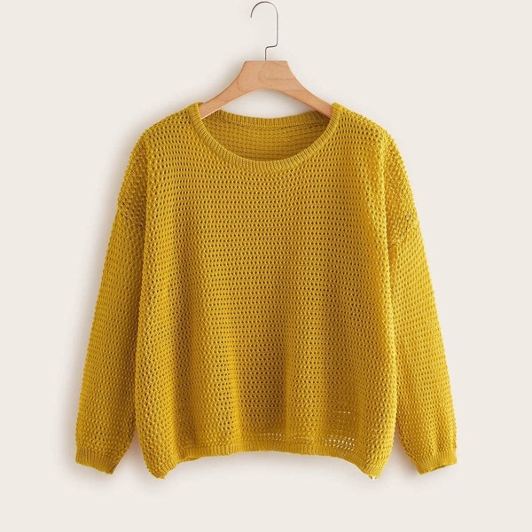 

Plus Solid Drop Shoulder Open Knit Jumper