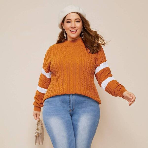 

Plus Striped Sleeve Cable Knit Jumper, Orange bright