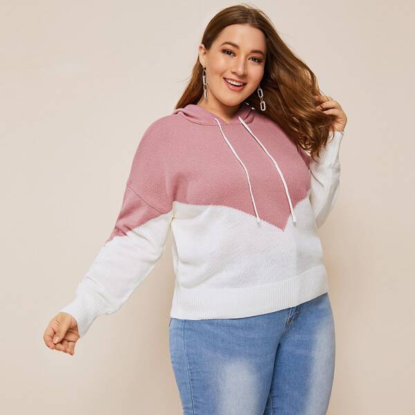 

Plus Two Tone Drawstring Hooded Sweater, Multicolor