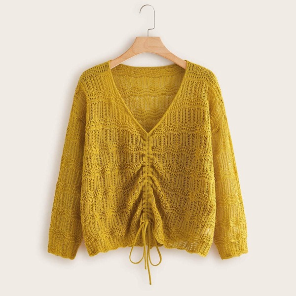 

Plus Drawstring Front Open Knit Sweater, Yellow bright