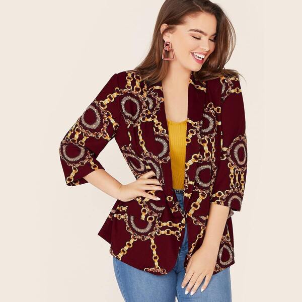 

Plus Shawl Collar Chain Print Blazer, Burgundy