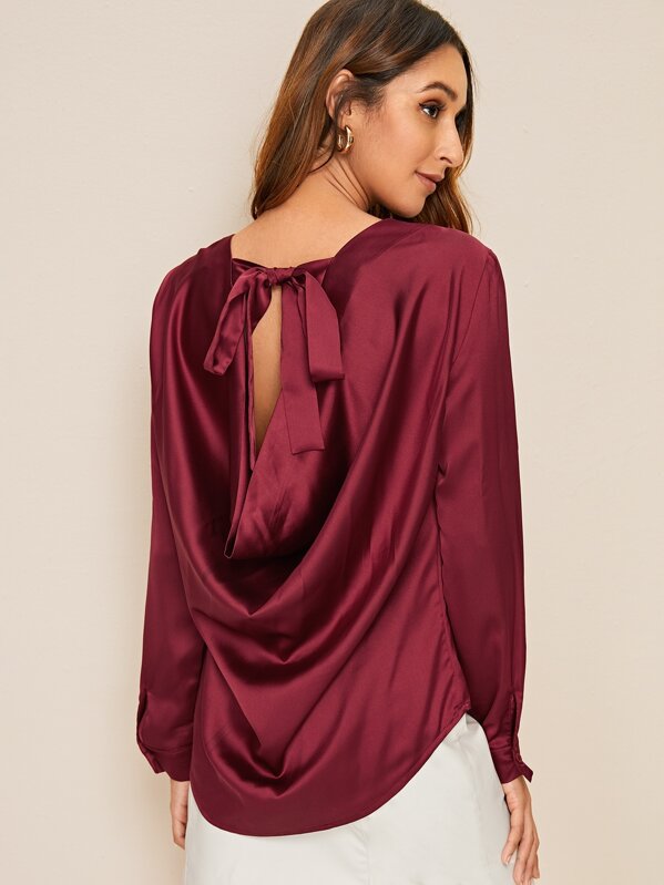 

Draped Tie Back Satin Top, Burgundy, Gabi B